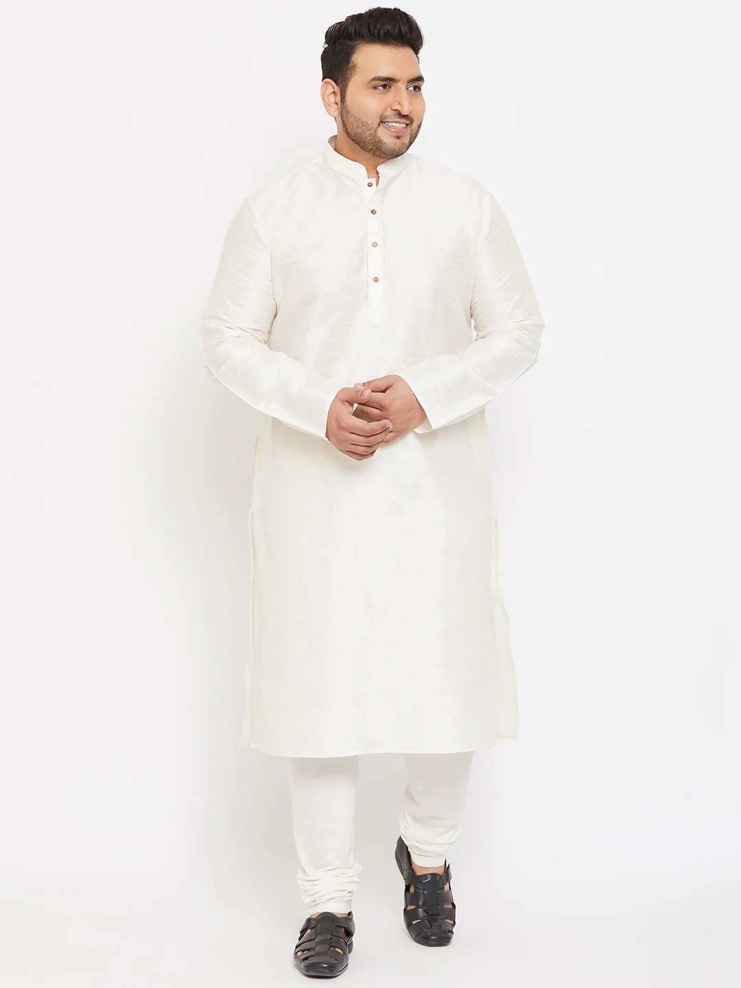 Men's Plus Size Cream Silk Blend Kurta Pyjama Set - Image 6
