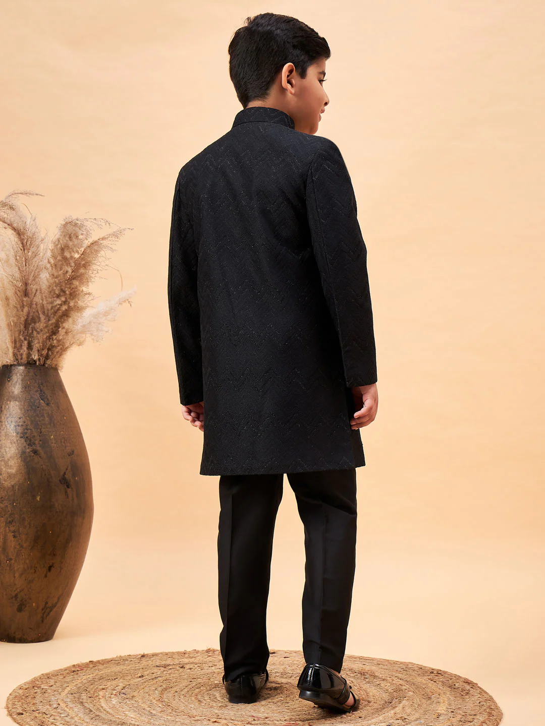 Boy's Black Glitter Indo Western Sherwani Set - Image 3