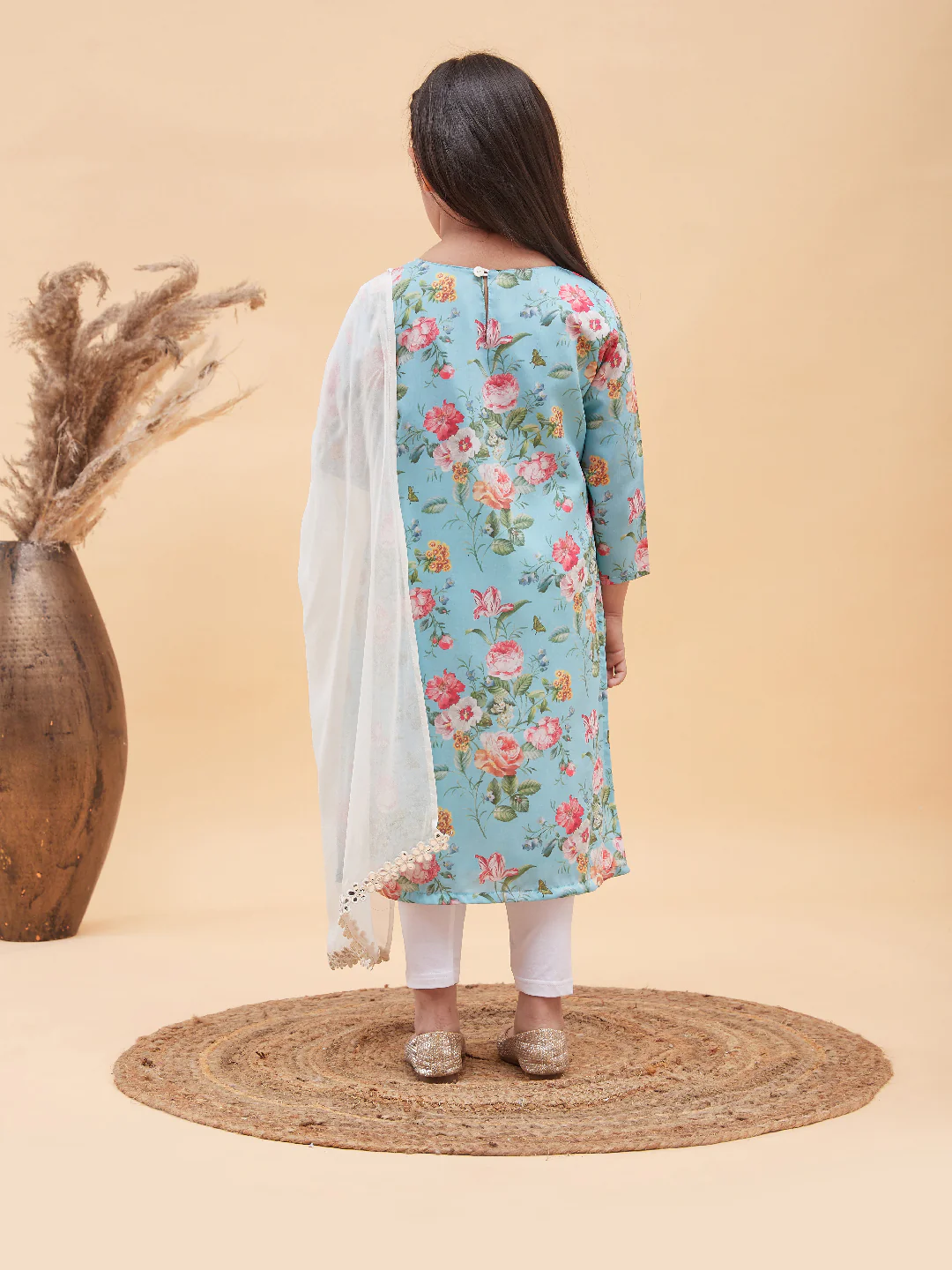 Girl's Aqua Blue Floral Printed Kurta With Leggings And Dupatta Set - Image 3