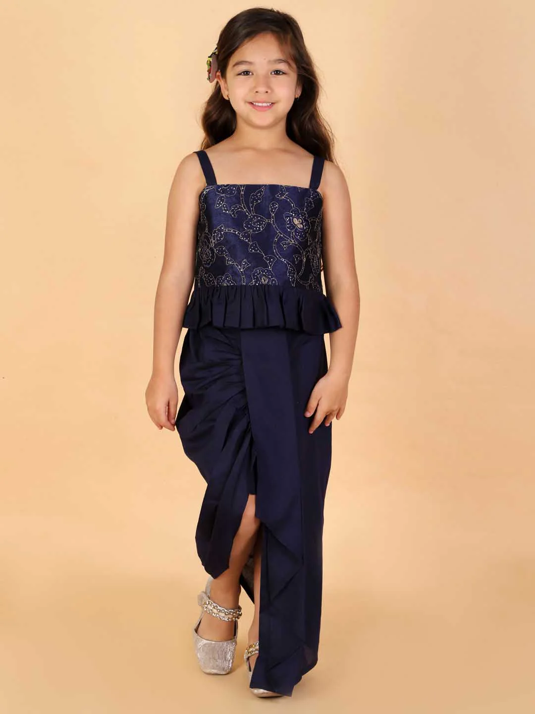 Girl's Navy Blue Draped Skirt With Crop Top - Image 7