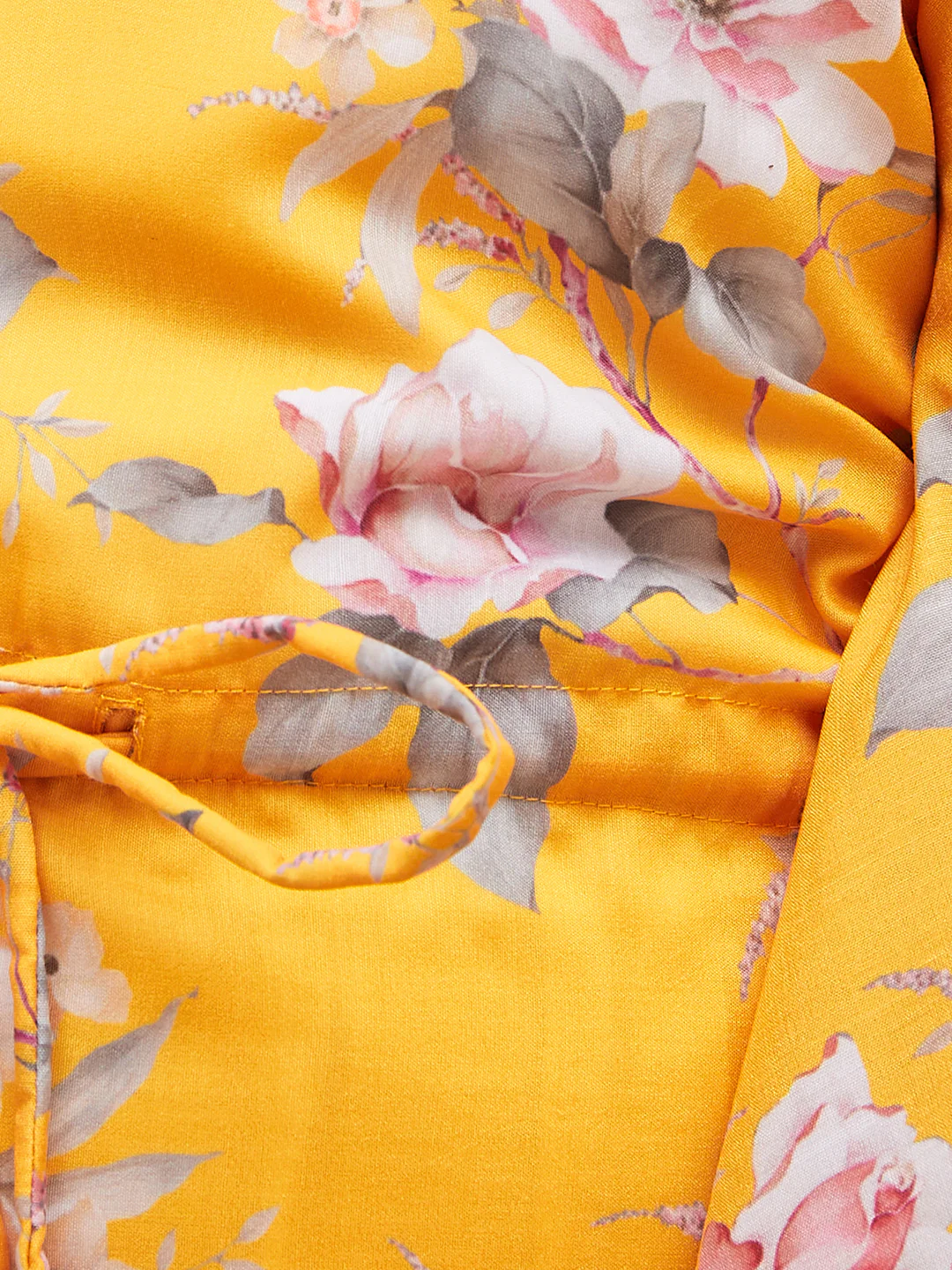 Girl's Yellow Floral Printed Kaftan Kurta With Cream Pant Set - Image 4