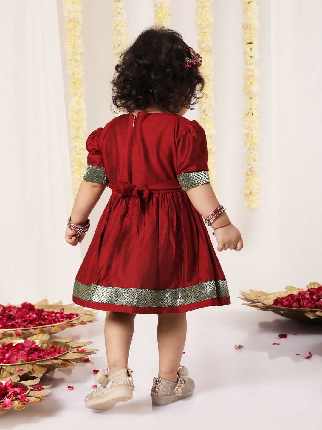 Girl's Maroon And Green Banarsi Frock - Image 3
