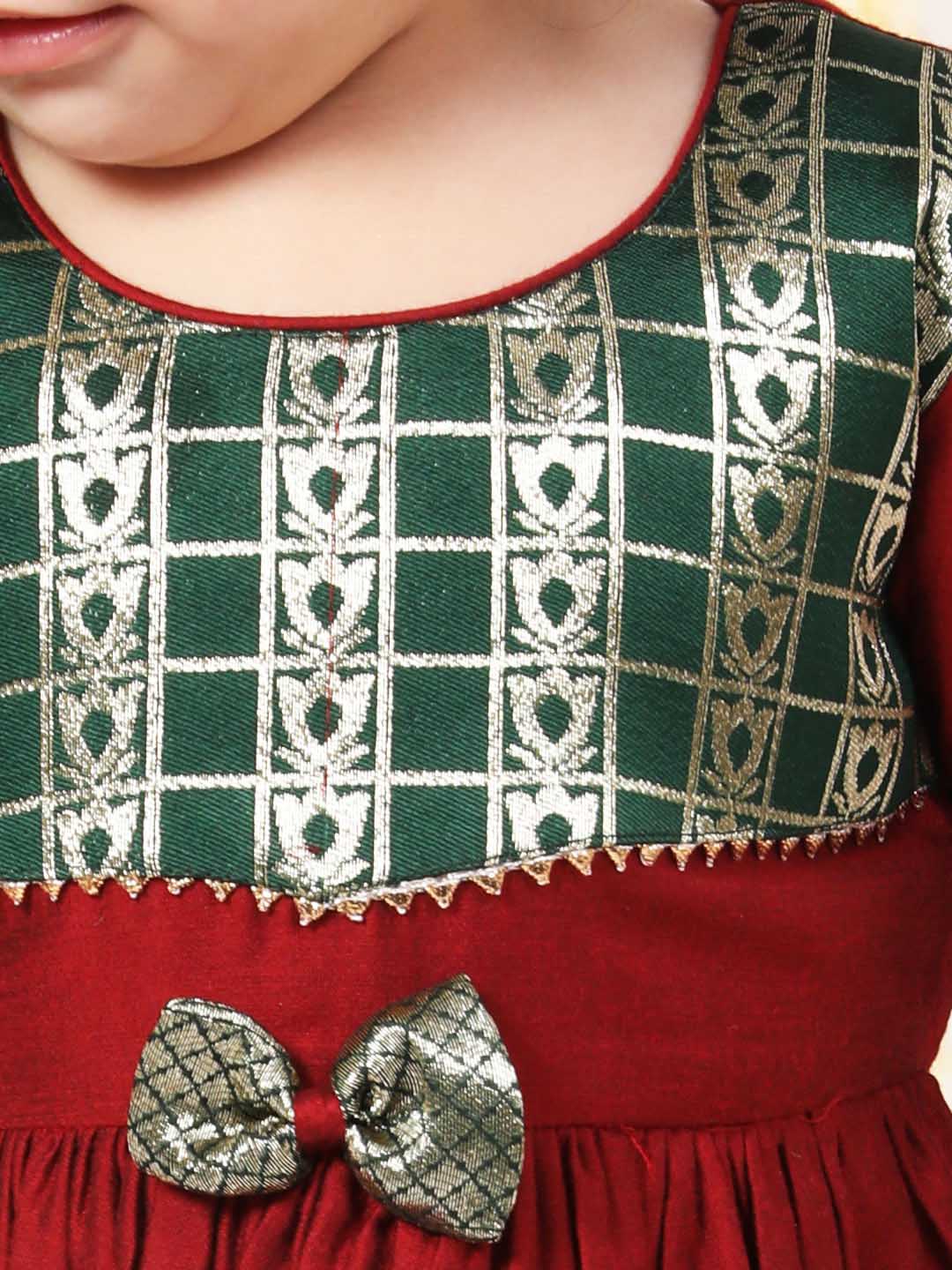 Girl's Maroon And Green Banarsi Frock - Image 4