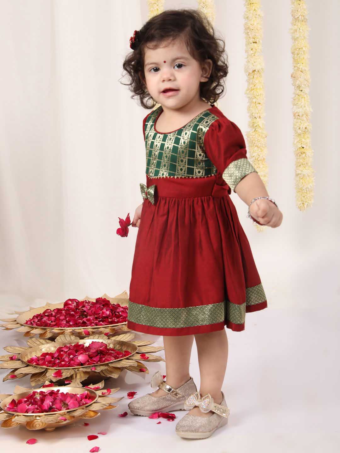 Girl's Maroon And Green Banarsi Frock - Image 5