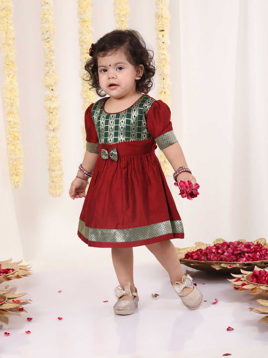 Girl's Maroon And Green Banarsi Frock - Image 6