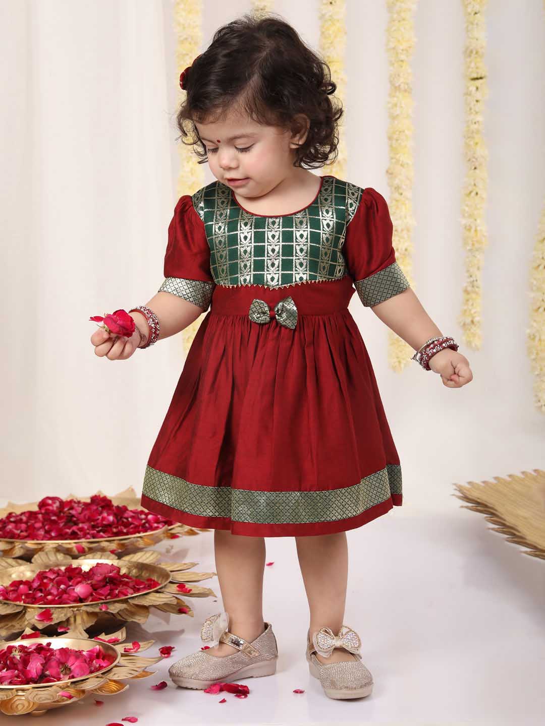 Girl's Maroon And Green Banarsi Frock - Image 7
