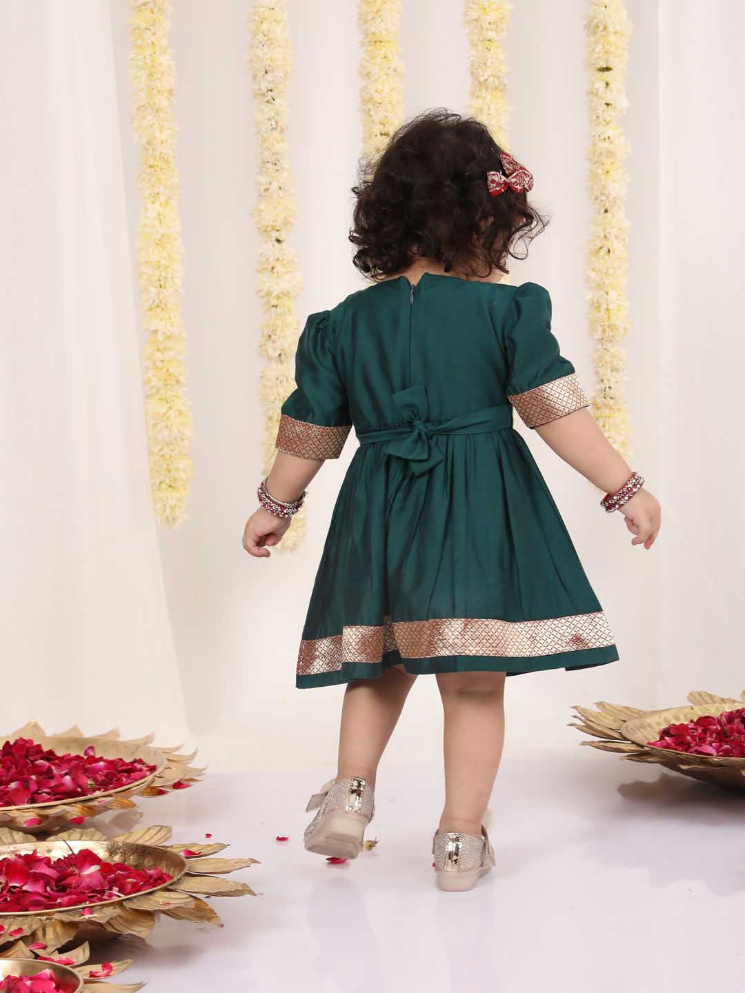 Girl's Maroon And Green Banarsi Frock - Image 3