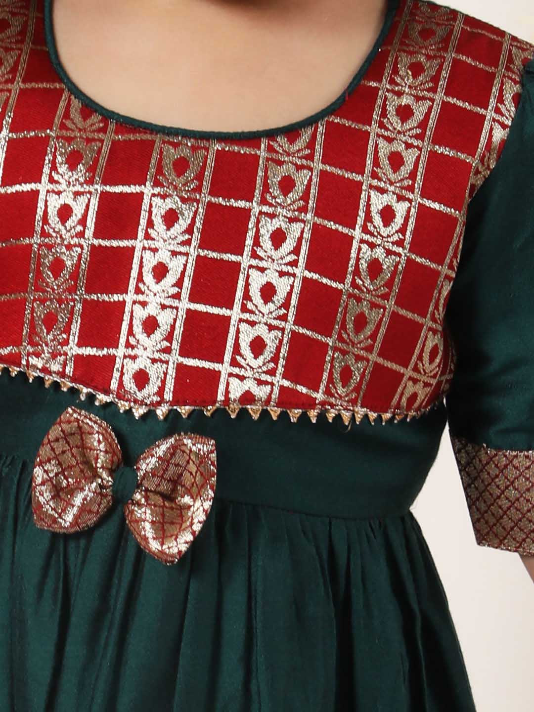 Girl's Maroon And Green Banarsi Frock - Image 4