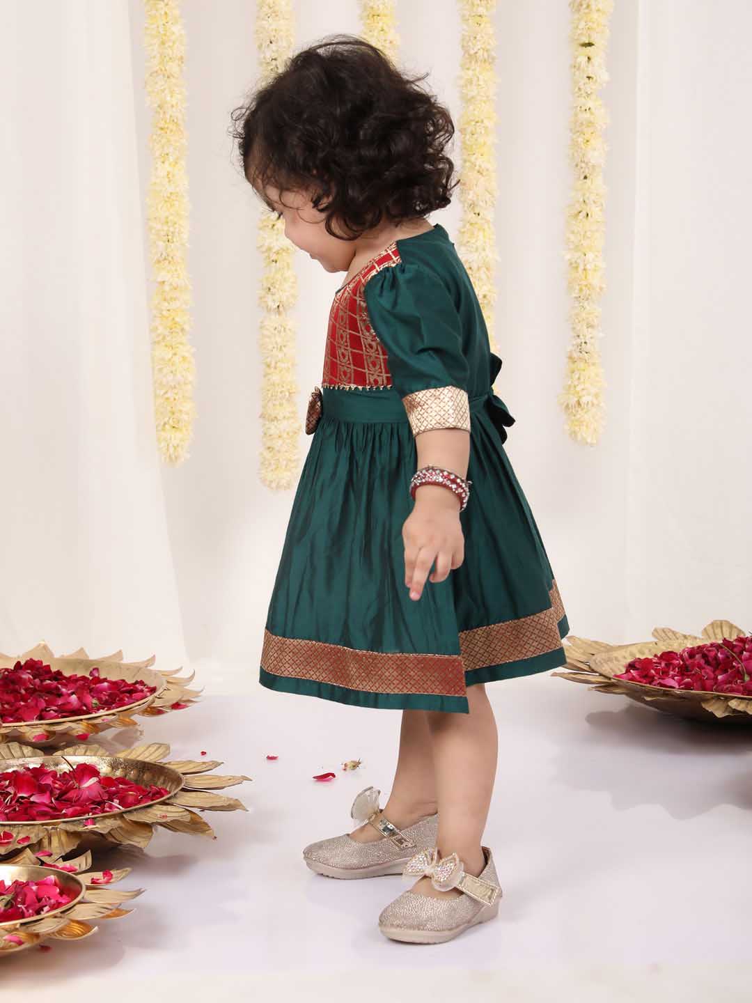 Girl's Maroon And Green Banarsi Frock - Image 5