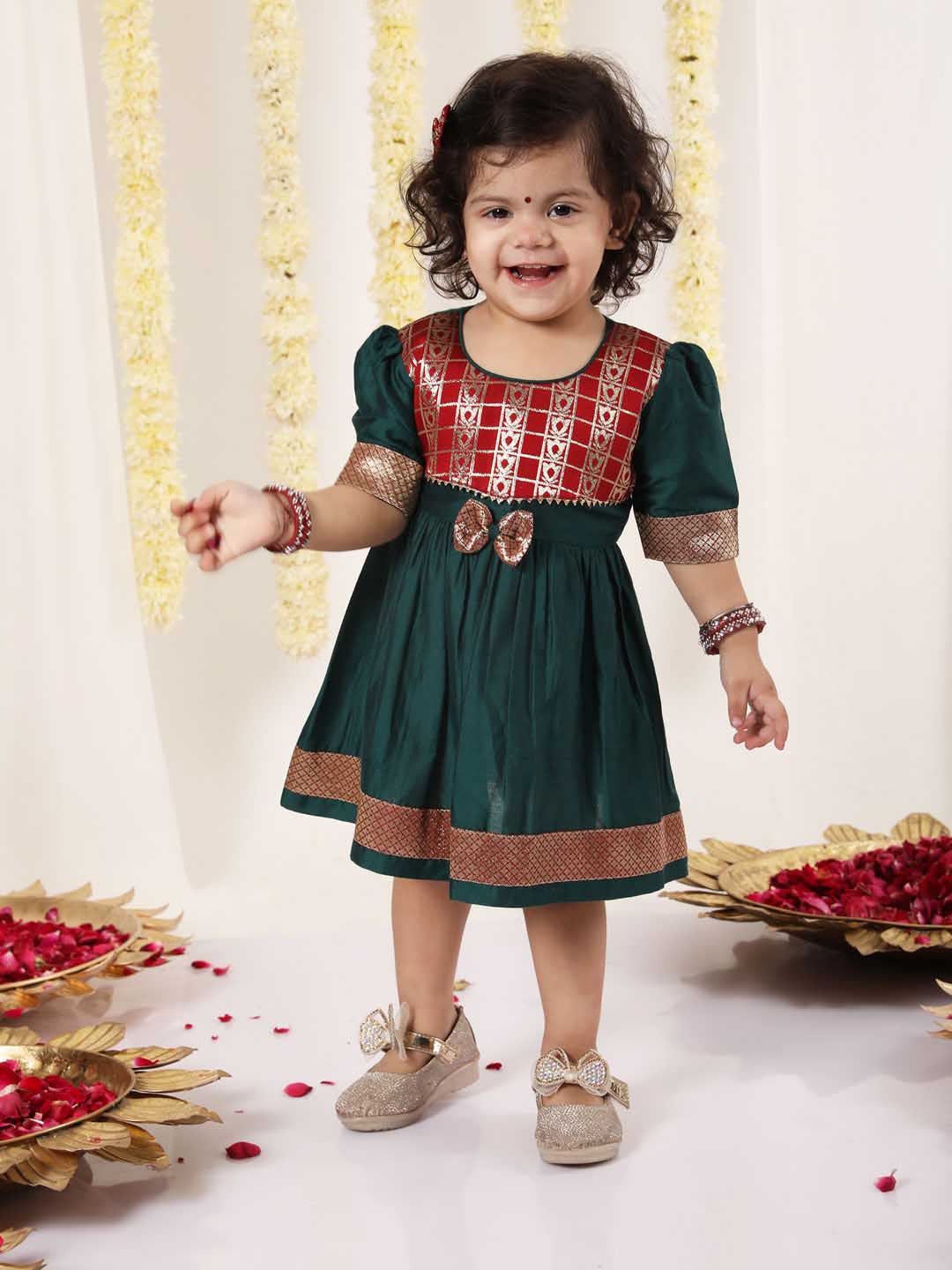 Girl's Maroon And Green Banarsi Frock - Image 6