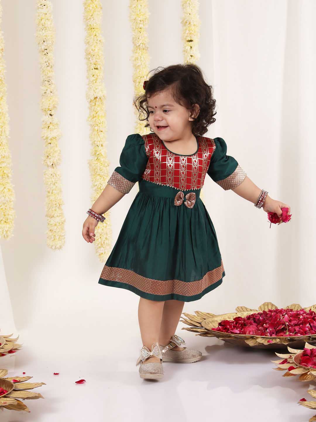 Girl's Maroon And Green Banarsi Frock - Image 7