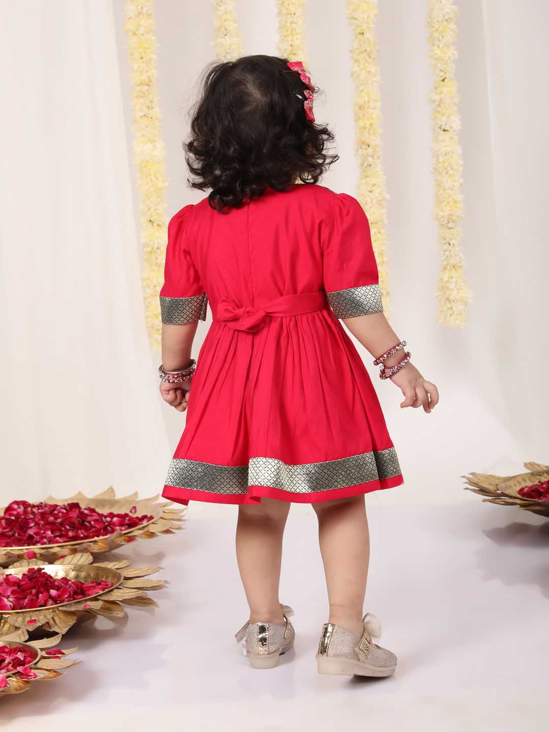 Girl's Navy Blue And Pink Banarsi Frock - Image 3