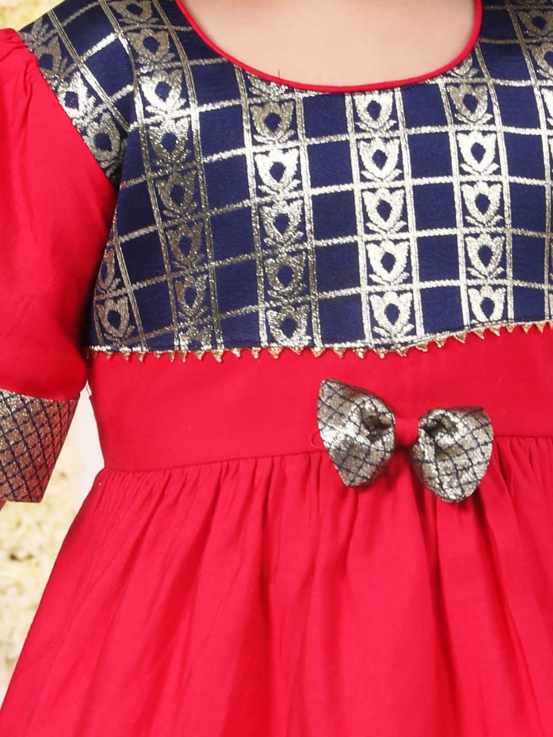 Girl's Navy Blue And Pink Banarsi Frock - Image 4