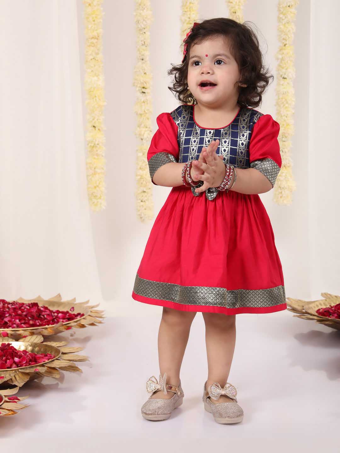 Girl's Navy Blue And Pink Banarsi Frock - Image 5