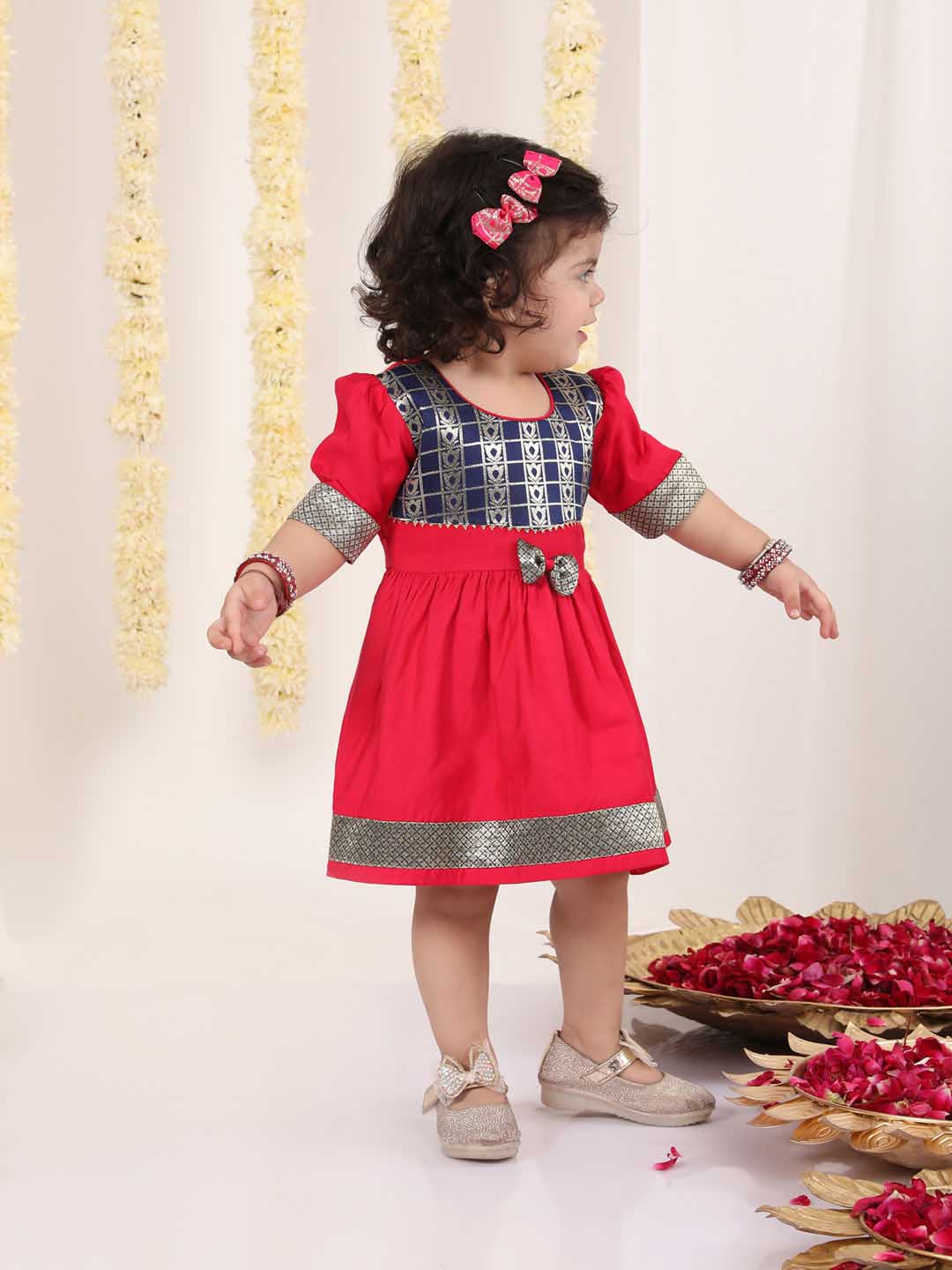 Girl's Navy Blue And Pink Banarsi Frock - Image 7