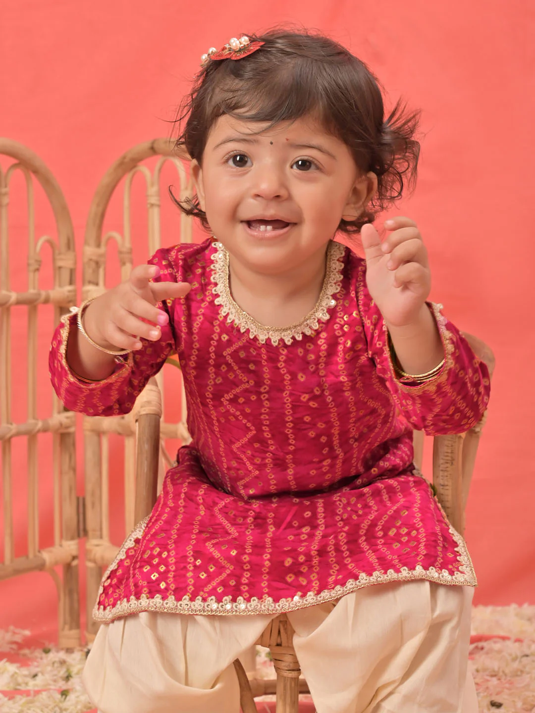 Girl's Pink Bandhni Print Kurta And Patiala Set - Image 6