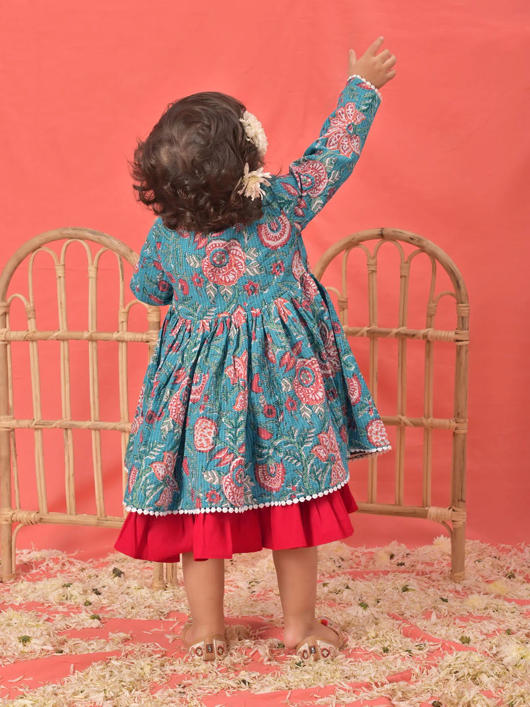 Girl's Red Anarkali Dress With Printed Jacket - Image 3