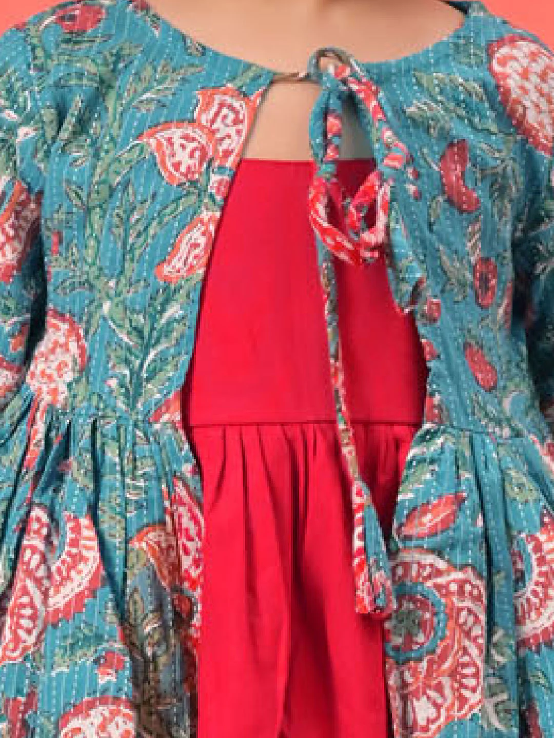 Girl's Red Anarkali Dress With Printed Jacket - Image 4