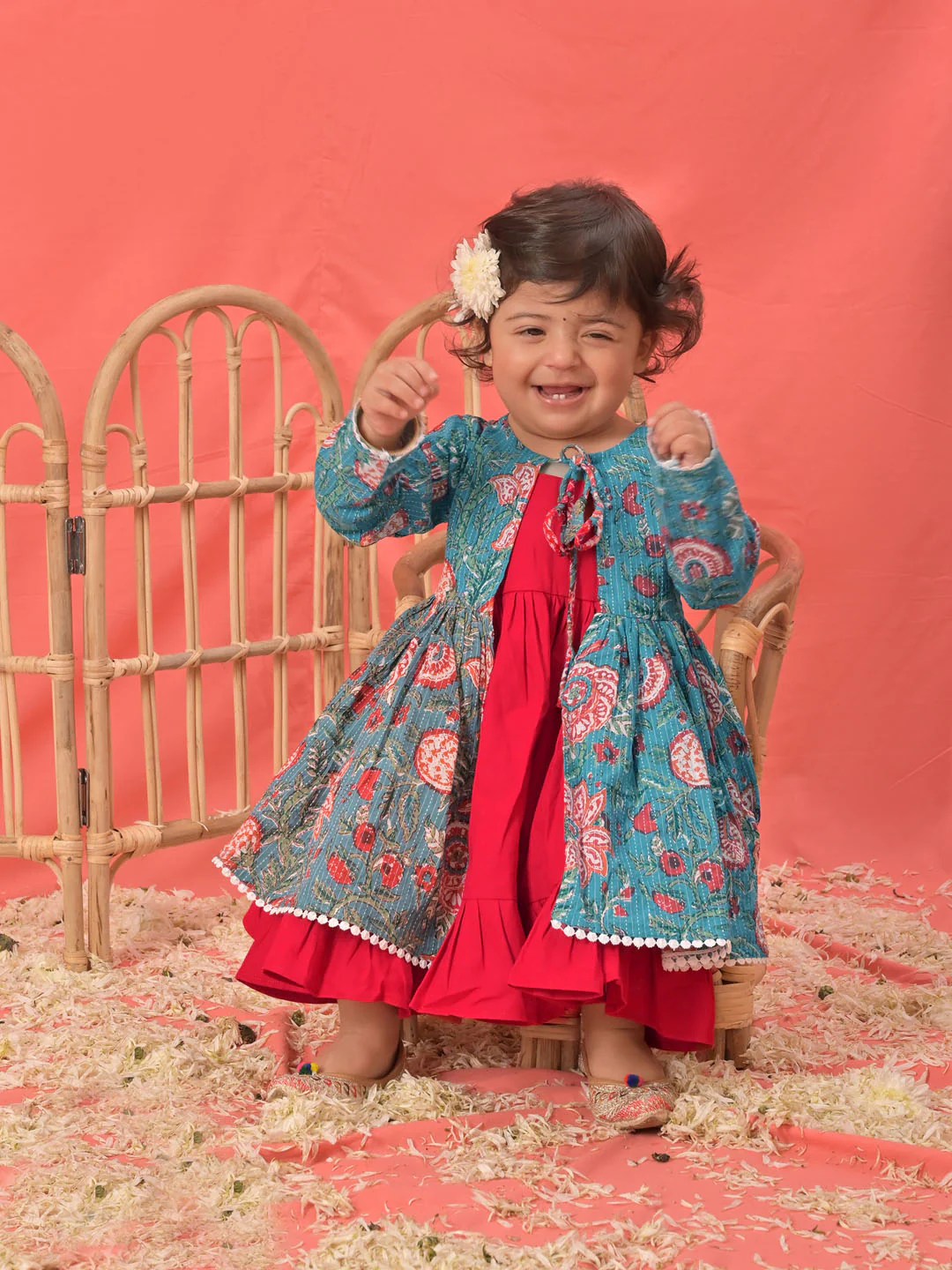 Girl's Red Anarkali Dress With Printed Jacket - Image 5