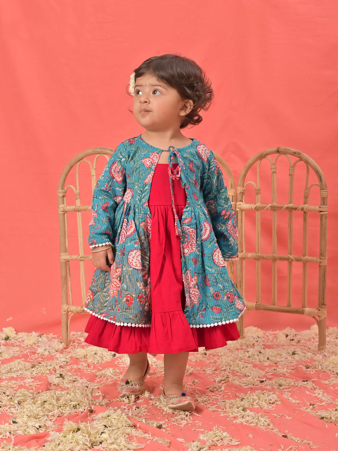 Girl's Red Anarkali Dress With Printed Jacket - Image 6