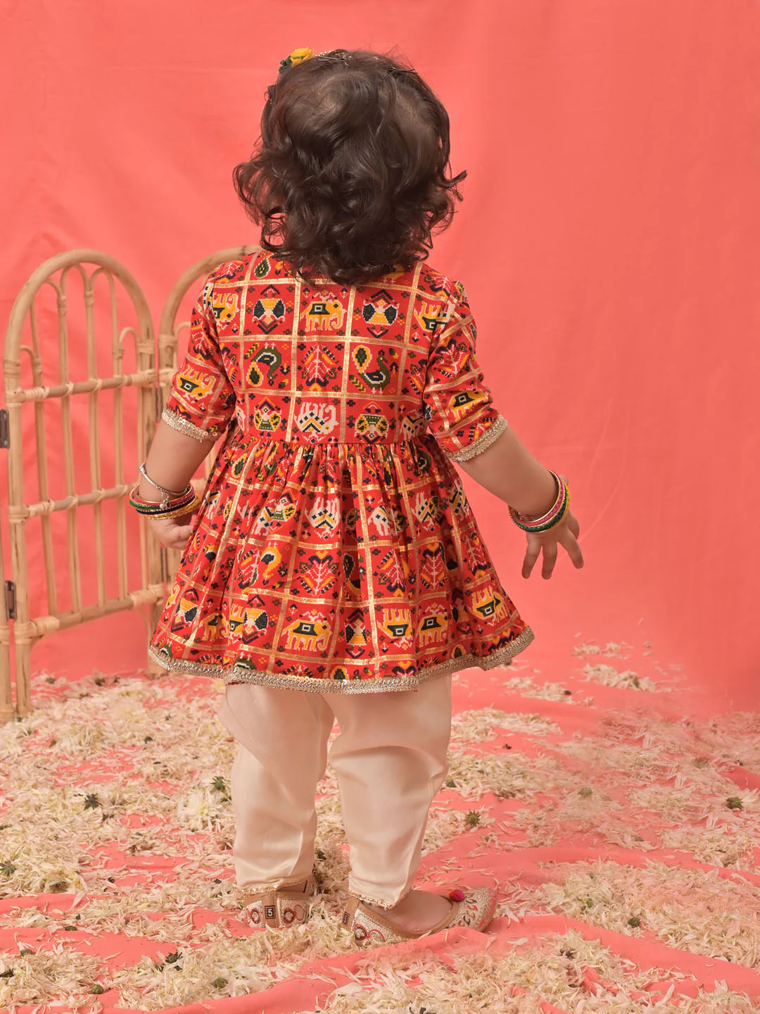 Girl's Red Angrakha Style Patola Print Kurta Dhoti Set - Image 3
