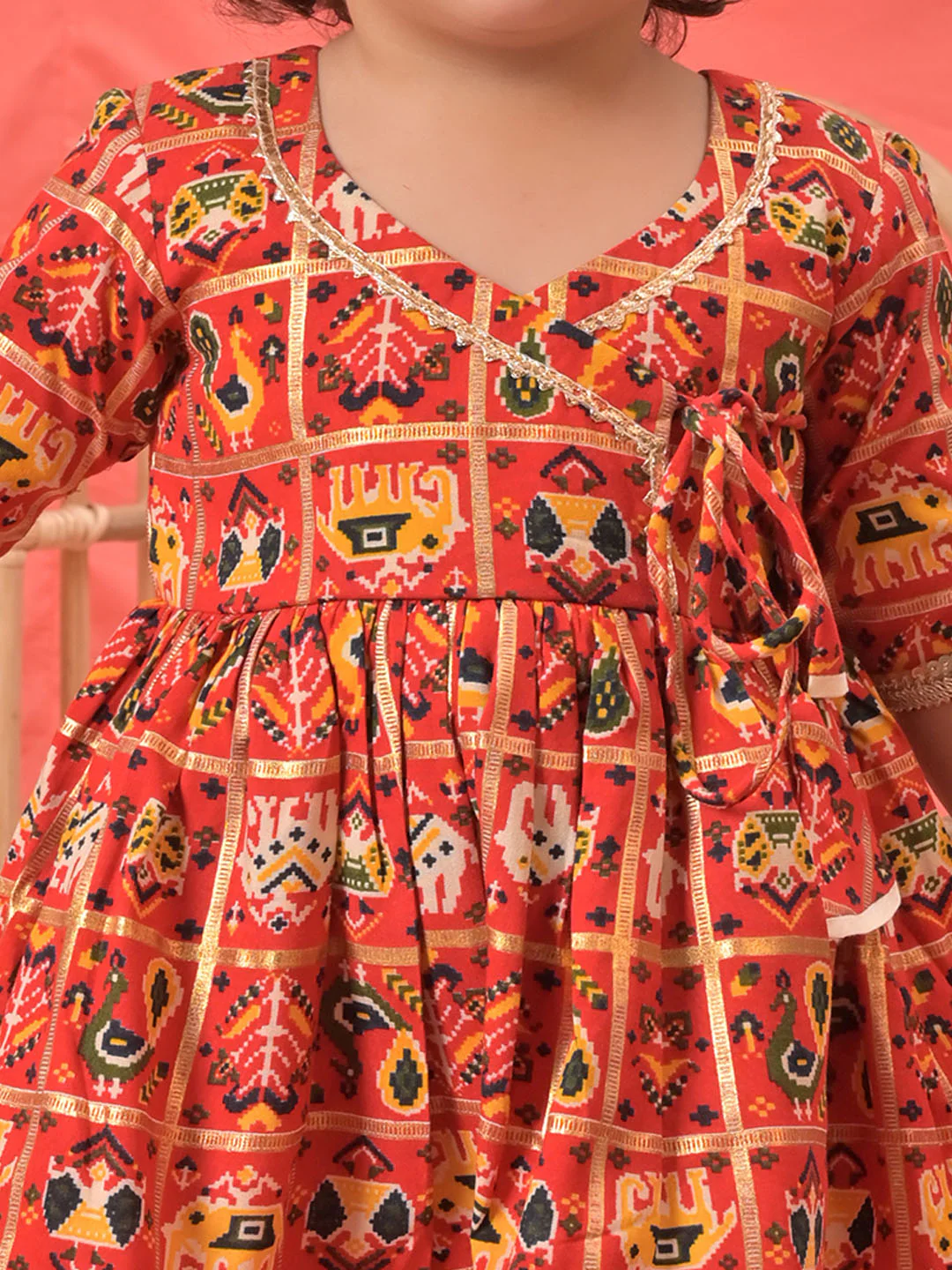 Girl's Red Angrakha Style Patola Print Kurta Dhoti Set - Image 4