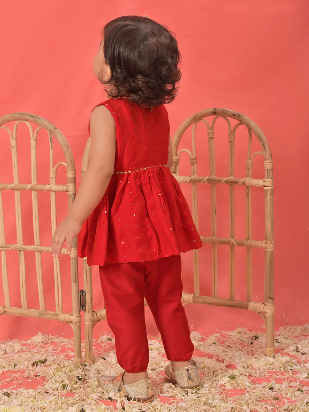 Girl's Red Cotton Flock And Dhoti Set - Image 3