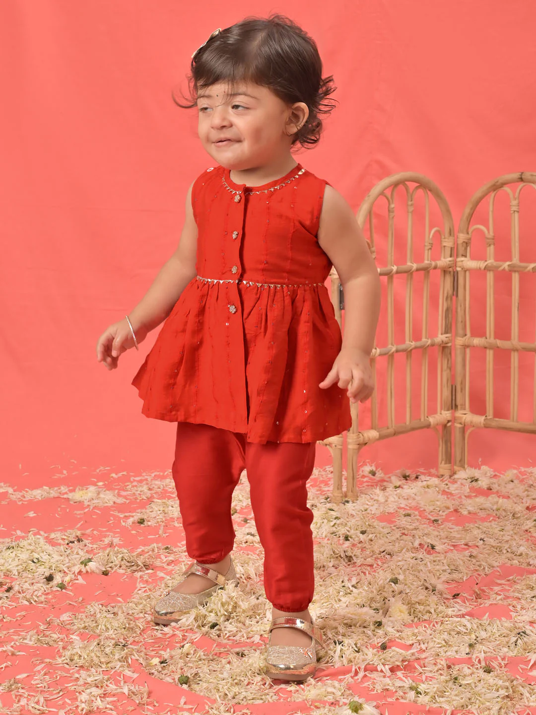 Girl's Red Cotton Flock And Dhoti Set - Image 6