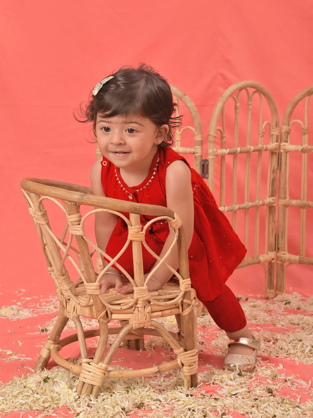 Girl's Red Cotton Flock And Dhoti Set - Image 7
