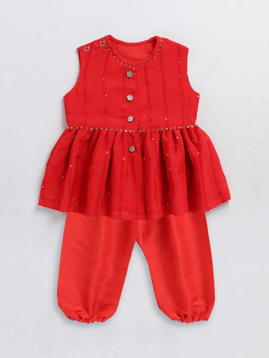 Girl's Red Cotton Flock And Dhoti Set - Image 8