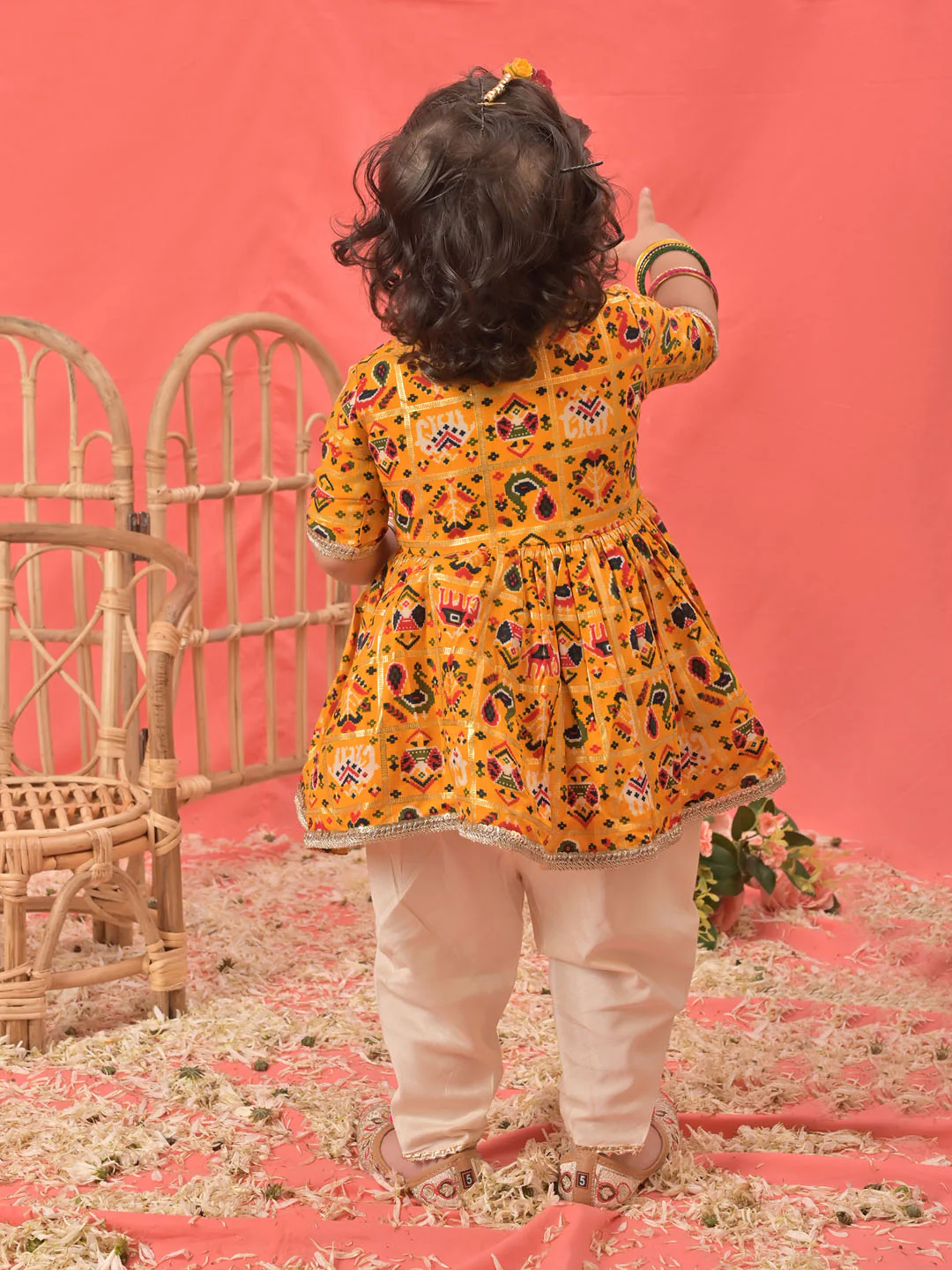 Girl's Yellow Angrakha Style Patola Print Kurta Dhoti Set - Image 3
