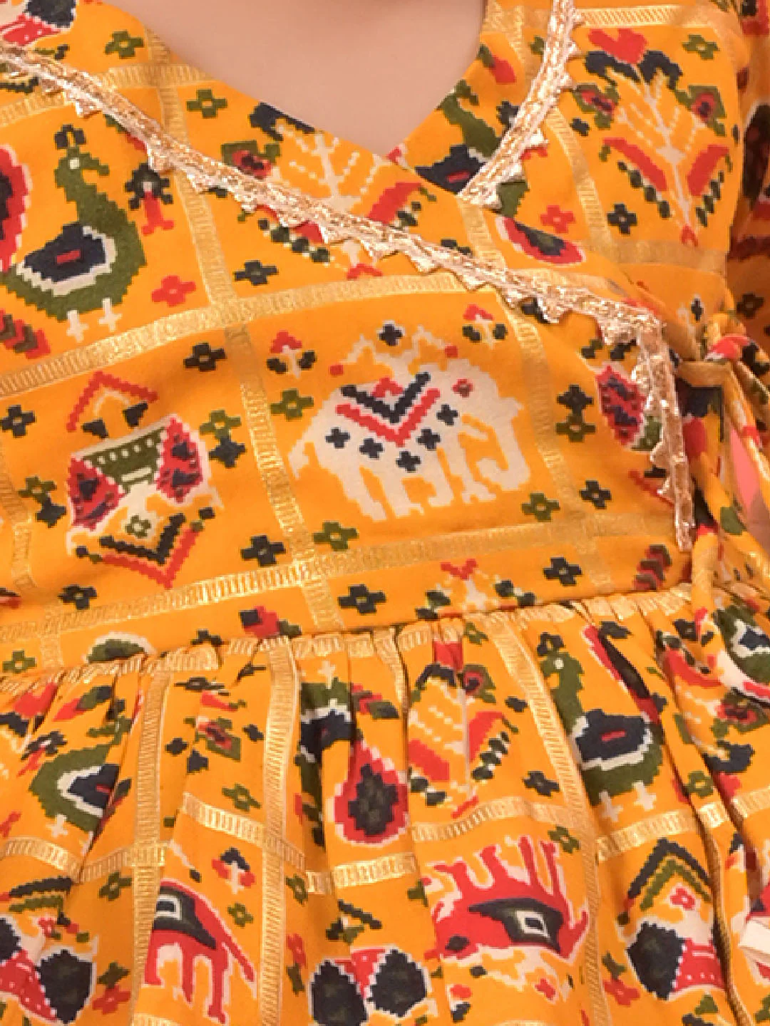 Girl's Yellow Angrakha Style Patola Print Kurta Dhoti Set - Image 4