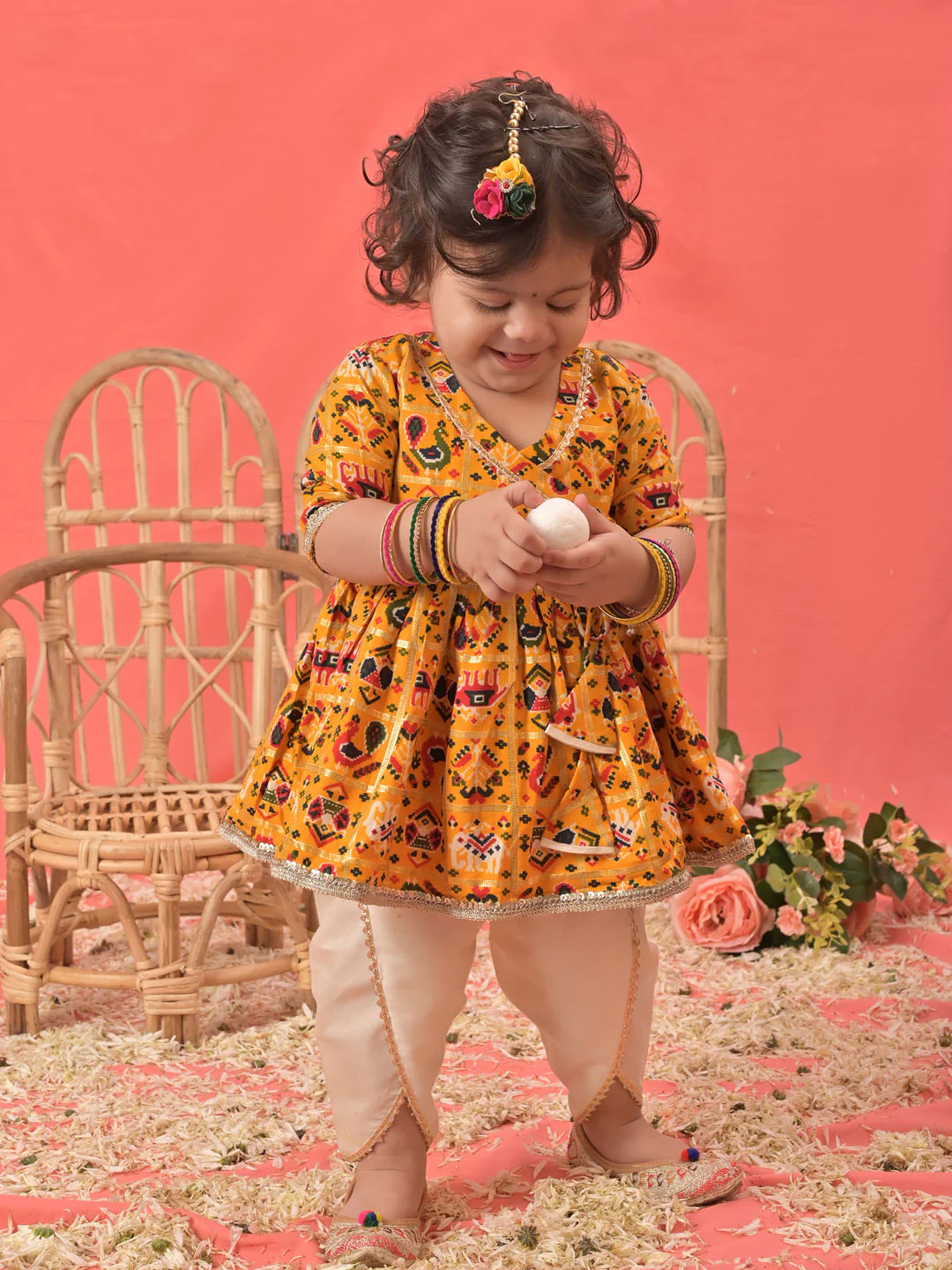 Girl's Yellow Angrakha Style Patola Print Kurta Dhoti Set - Image 5