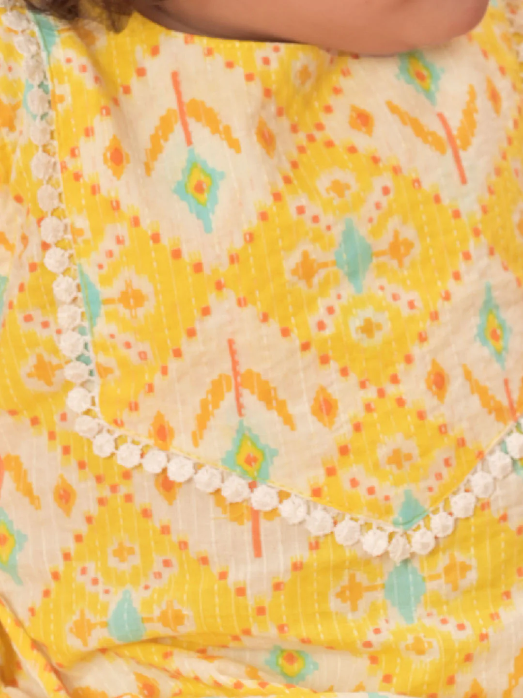 Girl's Yellow Ikaat Print A-Line Kurta Pyjama Set - Image 6