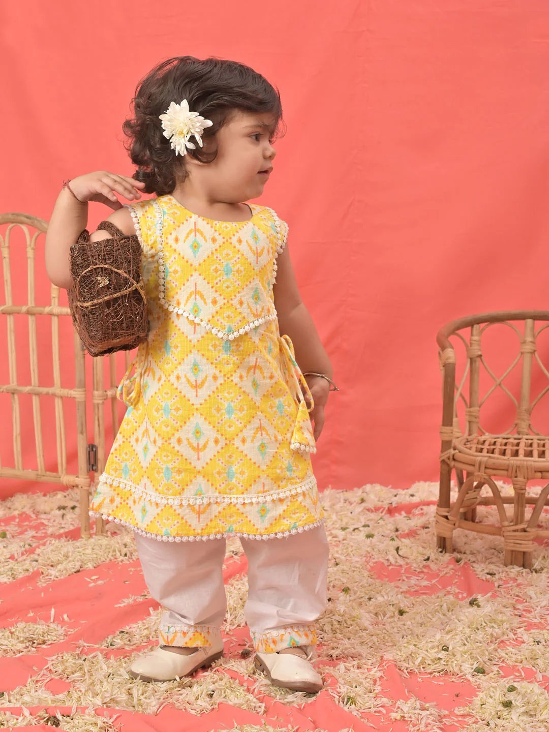 Girl's Yellow Ikaat Print A-Line Kurta Pyjama Set - Image 7